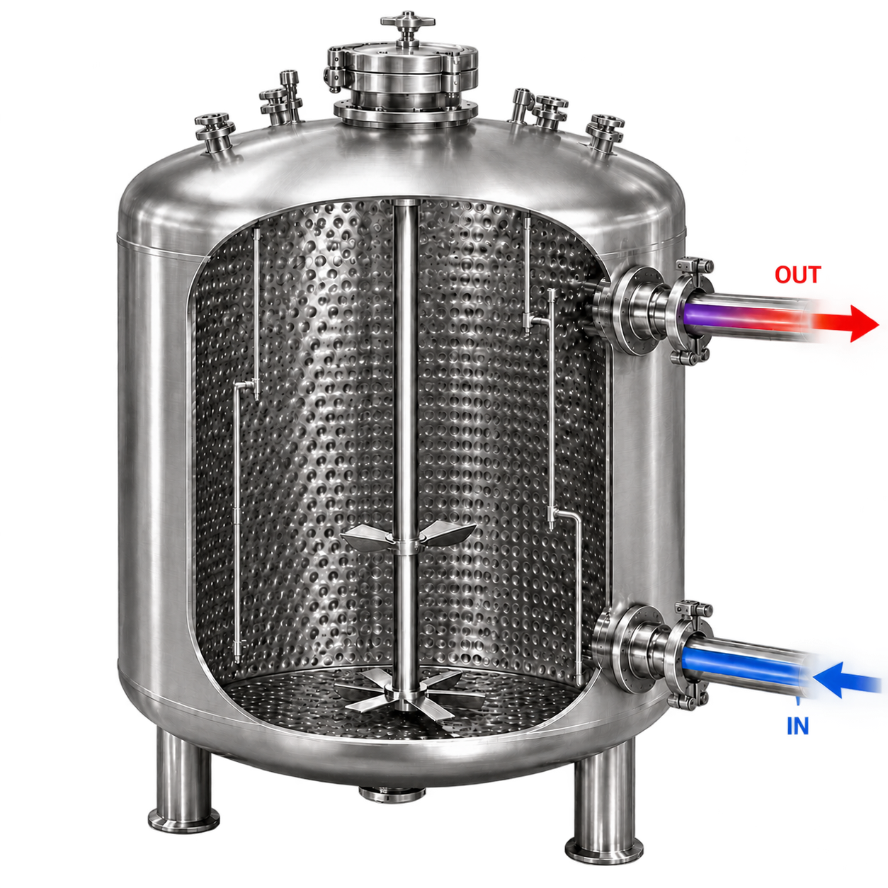 Jacketed reactor vessel with heat transfer surface on the shell